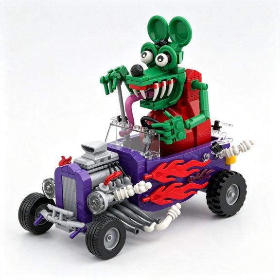 380 PCS Funny Green Mouse Racer MOC Building Block Set, Cartoon Rat Custom Hot Rod Car Model with Flame Decal, DIY Assembly Toy, Unique Gift for Classic Car & Cartoon Fans