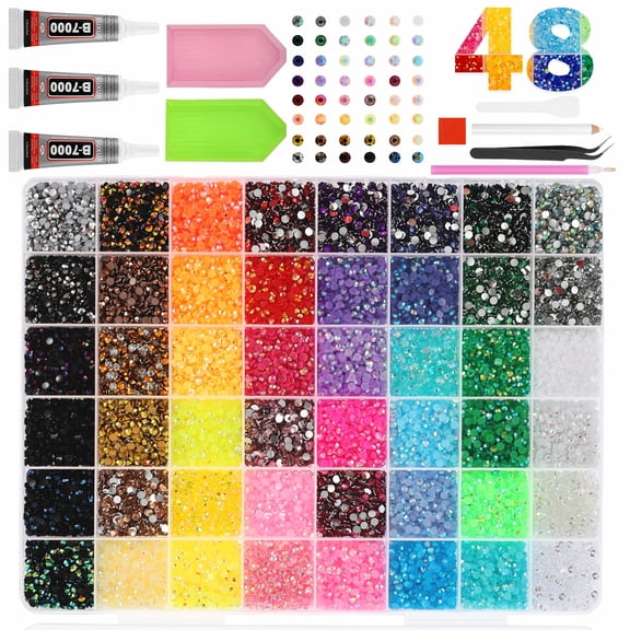 38000 Pcs Resin Rhinestone Bedazzling Kit 48 Colors 0.12in Flatback Gem for Diamond Art Bedazzle Kit with 3 Pcs Glue for Nail Art Crafting Makeup