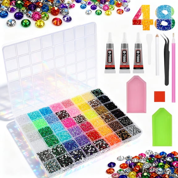 38000 Pcs Resin Rhinestone Bedazzling Kit 48 Colors 0.12in Flatback Gem for Diamond Art Bedazzle Kit with 3 Pcs Glue for Nail Art Crafting Makeup