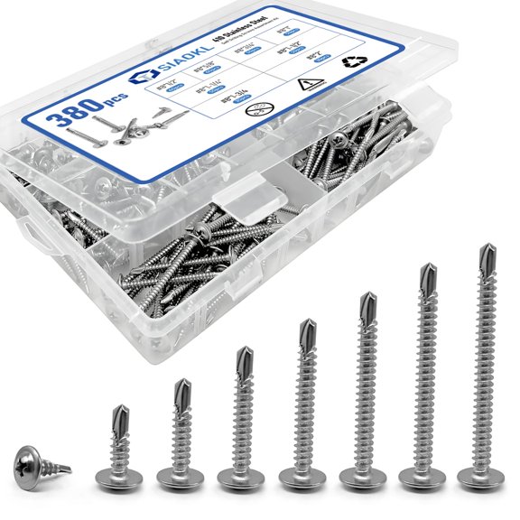 380PCS Self Drilling Screws Assortment Kit, 410 Stainless Steel Self Tapping Screws for Metal  #8 Modified Truss Head Sheet Metal Screw, 1/2" to 2", 8-Size