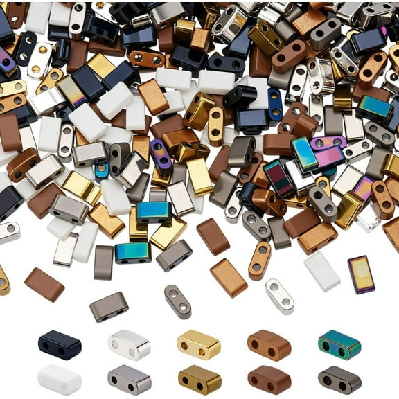 380Pcs 10 Style 2 Hole Glass Seed Beads 4.5mm Spacer Loose Beads Bulk Half Rectangle