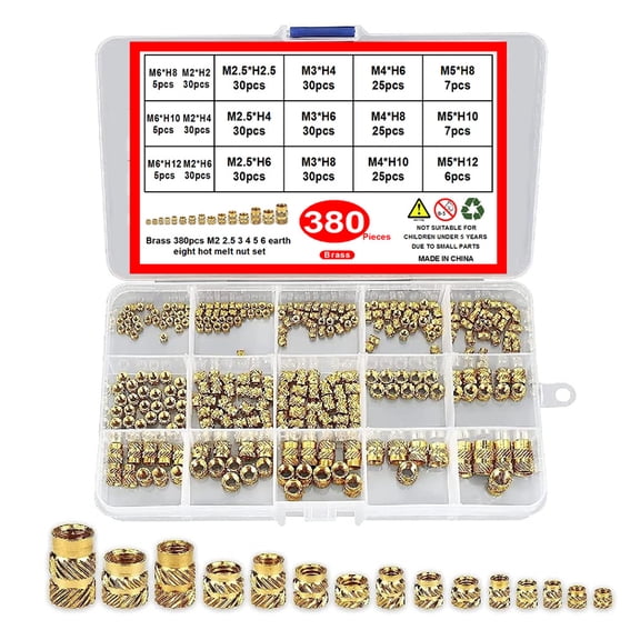 380Pcs 2/2.5/3/4/5/6mm Metric Threaded Inserts Knurled Nut Inserts for 3D Printing Injections Molding Press Thread Nut