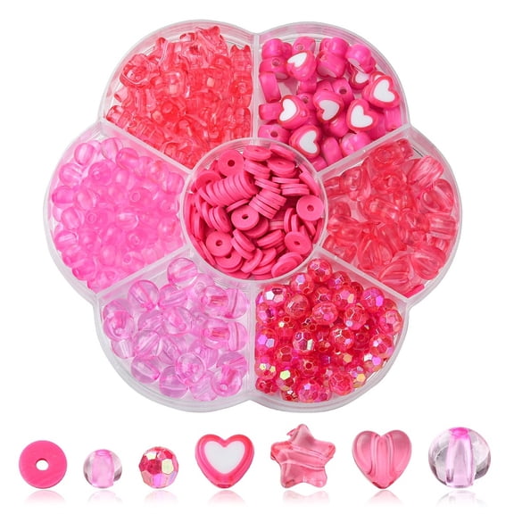 380Pcs 7 Styles Acrylic Beads Hot Pink 6~9x6~9.5x5.5mm Hole: 1~2.5mm
