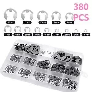 380Pcs Stainless Steel E-Clip Circlip Kit Retaining Ring Assortment Set 14 Sizes