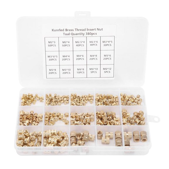 380Pcs Thread Inserts M2 M2.5 M3 M5 M6 Metric Female Thread Brass Knurled Threaded Embedment Nuts Assortment Kit,gold