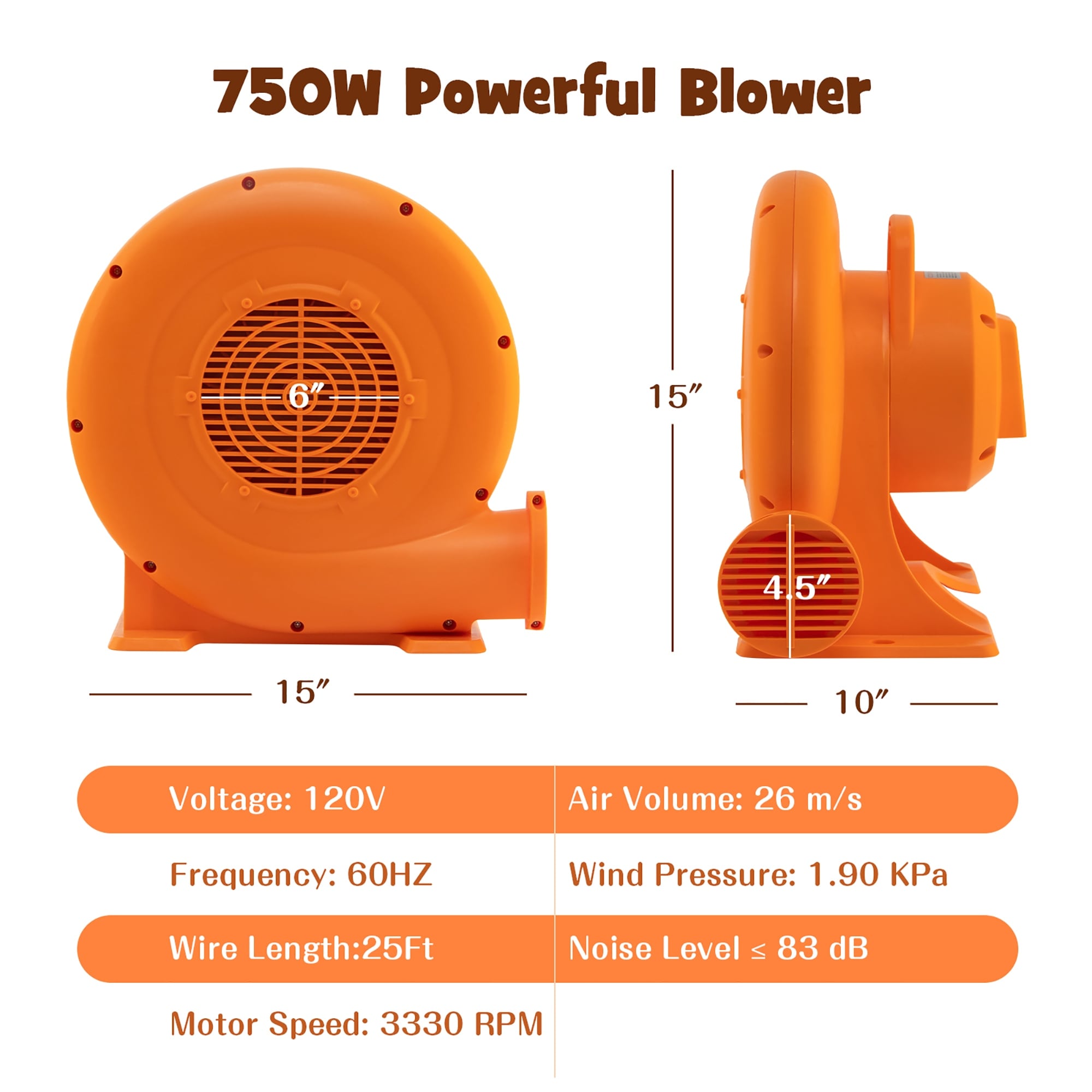 380W/550W/680W 1.0HP Air Blower for Inflatables w/ 25FT Wire&GFCI Plug ...