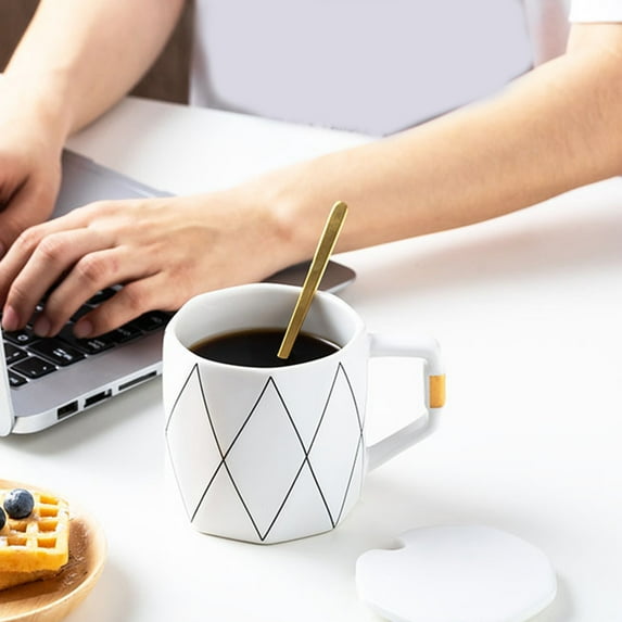 380ml Ceramic Coffee Mug with Lid & Spoon | Large Capacity Insulated Cup for Hot Drinks | Black or White Design for Home Office Use | Novelty Gift Idea