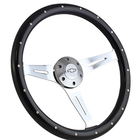 380mm Black Wood Steering Wheel with Chrome Spokes and ChevyHorn Button