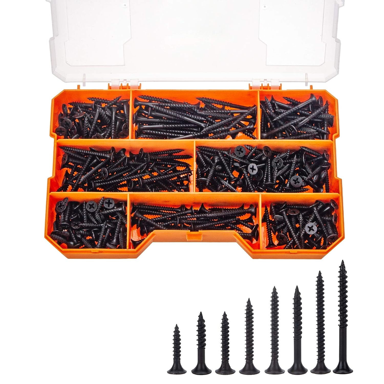 380pcs Drywall Screws Kit, 8 Sizes Wood Screws, Black Steel Drywall
