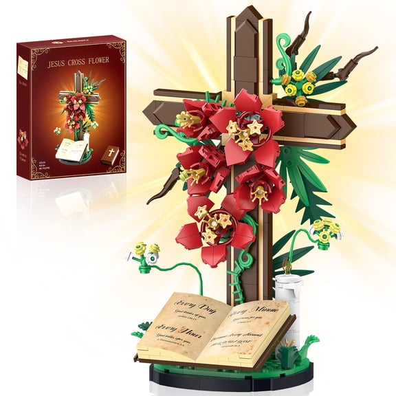 381Pcs Jesus Flowers Cross Building Block Sets, LED Religious Decor,Christian Catholic Gift for Easter, Birthdays, Kids & Adults