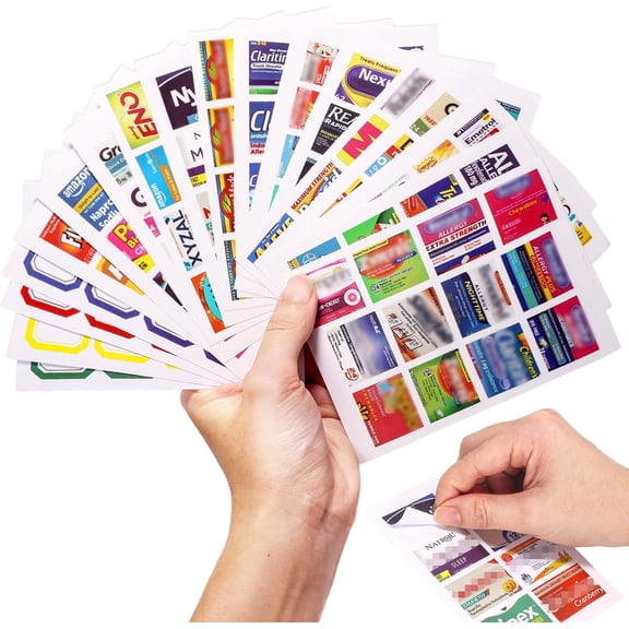 383Pcs Pill Organizer Medicine Labels, Pre-Cut Medicine Stickers Travel Daily Pill Container Labels with 34 Sheets Pill Box Labels Pill Organizer Stickers of Brands+4 Sheets Blank Stickers(351+32PCS)