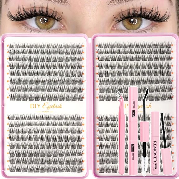 384 Pcs Natural Lash Clusters Kit, 10-12mm Mixed Length CC Curl Individual False Eyelashes with Bond & Seal, Remover and Tweezers, Soft Lightweight DIY Lash Extensions for At Home Makeup