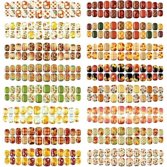 384 count 16 Pack Fall Thanksgiving Press Nails Autumn Short Nails Square False Nails Artificial Tips Full Cover Coffin with Maple Leaf Orange Floral for Women (Stylish )