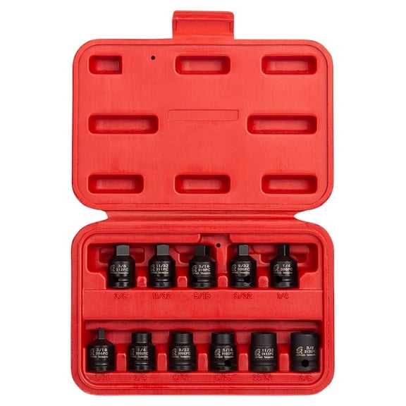 3841, 3/8 Inch Drive Pipe Plug Socket Set, 11-Piece, SAE, 7/16" - 5/8", Cr-Mo Steel, Tapered Male Square Drive, Chamfered Female Square Drive, Heavy Duty Storage