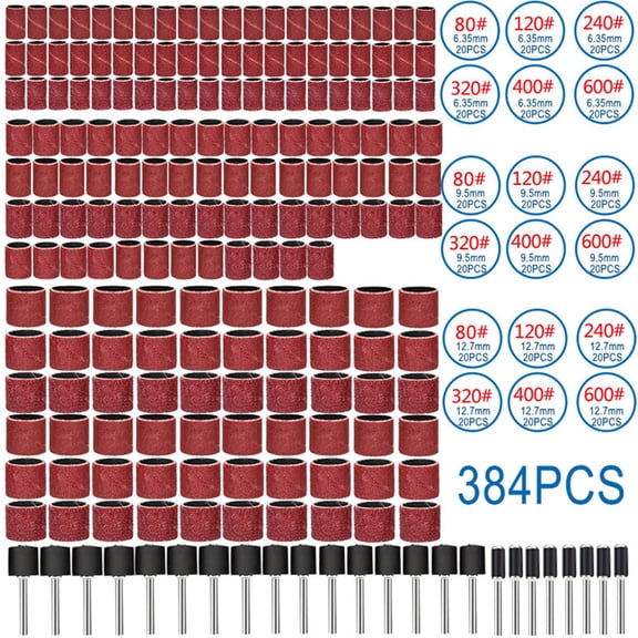 384Pcs Professional Sanding Drums Kit 6 Grit Range, Self-Expanding Rubber Cushion for Woodworks, Artwork, DIY Projects