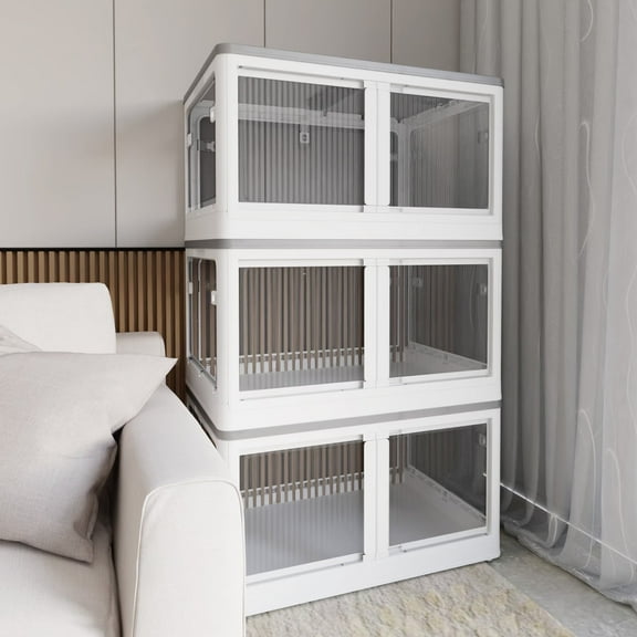 384QTPlastic Storage Bins with Lids, 3 Pack Stackable Collapsible Storage Bins for Closet Organizers and Storage, Folding Storage Container Open Front Cabinets with Doors and Wheels, White