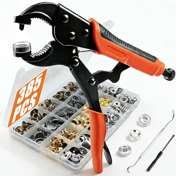 385 PCS Snap Fastener Tool Kit with Snap Buttons for Fabric, Boat Cover, Canvas t , Leather, Clothing, Heavy Duty Snap Setter ToolMetal Snap Buttons with Fastener Pliers kit, 100 Sets 4 Color