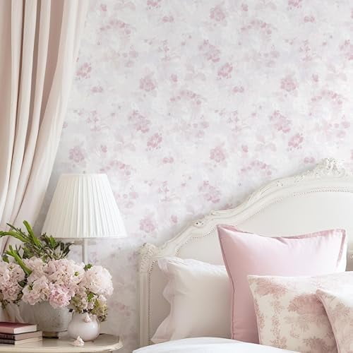 385"x17.3" Pink Wallpaper Floral Contact Paper Peel and Stick Wallpaper White Vintage French Country Renter Friendly Bathroom Boho Flower Removable Wall Paper Kitchen Self Adhesive Vinyl Roll