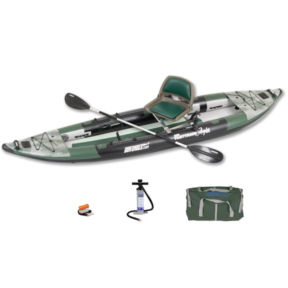 385FTA Redesigned Fasttrack Angler 1–2-Person Inflatable Hunter Green Fishing Kayak-External Rigid Inflatable Keel, Rugged Hull Material, Non-Slip Padded Floor-  Swivel Seat Fishing Rig Package