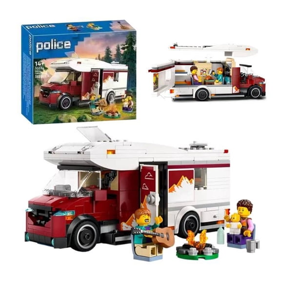 385PCS Outdoor Camper Van Building Blocks, Open-Side Travel RV Collectible Brick Model with Camping Scene Minifigures
