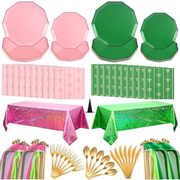 386 Pcs Pink and Green Party Decorations Witch Birthday Party Favors Including Tablecloths Plates Napkins Metal Knives Forks Spoons for Birthday Favors Women Girl Serve 24 Guests