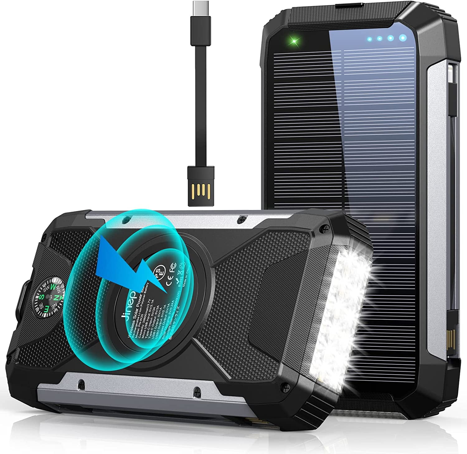 38600mAh Solar Power Bank Portable Charger Wireless Qi Portable Solar  Charger with 3 Cables 