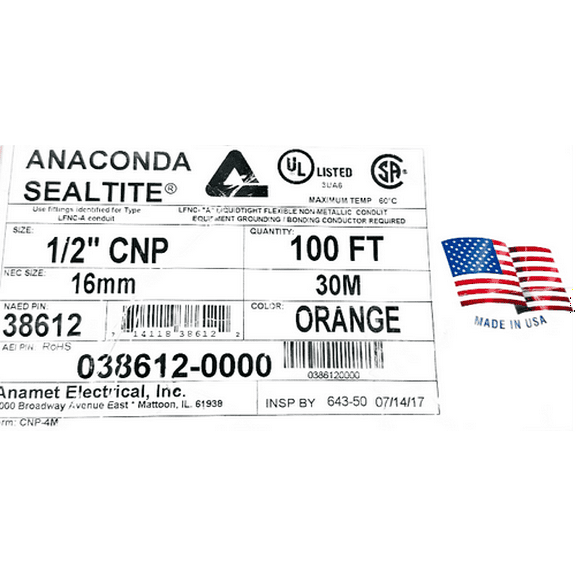 38612 Anaconda Sealtite Flexible Conduit, 1/2 CNP, Orange. Nonconductive Conduit Liquid-Tight Flexible Non-Metallic Conduit - 038612-0000