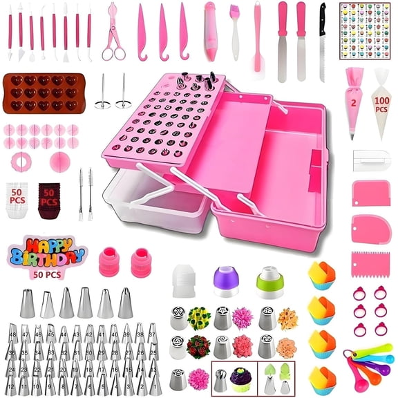 387 Pcs Cake Decorating Kit,Baking Supplies Tools with 56 Icing Tips,8 Russian+Ball Tips,Pattern Chart,3 Spatulas,5 Couplers,8 Carved Pens,102 Pastry Bags,Storage Box & More, (Pink)