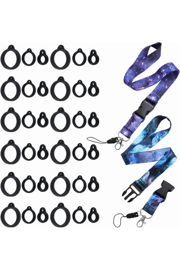 38PCS Anti-Lost Necklace Lanyard Set Including 2PCS Anti-Loss Pendant Strap String Holder with 36PCS 8&13&20mm Black Silicone Rubber Rings