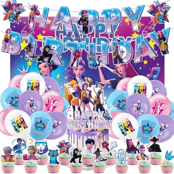 38PCS For K-pop Movie Theme Birthday Party Decorations Supply Set with 1 Birthday Backdrop Decorations,1 Happy Birthday Banner Garland,16 Cupcake Toppers,20 Balloons for Party Decorations Supplies