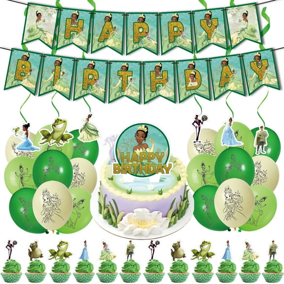 38PCS For Princess and The Frog Birthday Party Decorations,With 1 Happy Birthday Banner Garland,6 Hanging Swirls,13 Cupcake Toppers,18 Balloons for Party Supplies