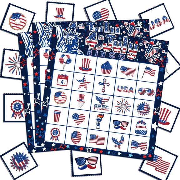 38Pcs 4th of July Bingo Game, 24 Players Bingo Cards with 25 Caller Chips and 420 Pcs Reward Stickers, Independence Day Party Game for Family Friend Large Group Activities