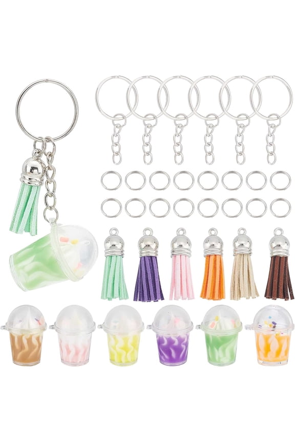 38Pcs DIY 6 Sets Milk Tea Charms 3D Miniature Ice Cream Charm Tea Keychain Making Kit Suede Tassels for Jewelry Making Key Chains DIY Supplies Key Rings Split Jump Ring Gift