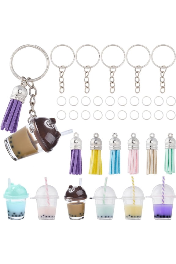 38Pcs DIY 6 Sets Milk Tea Charms Keychain Making Kit Sweet Cute Tea Split Rings Milktea Bottle Cup Charms for Jewelry Making Kits DIY Keychains Crafts Gift Supplies colorful