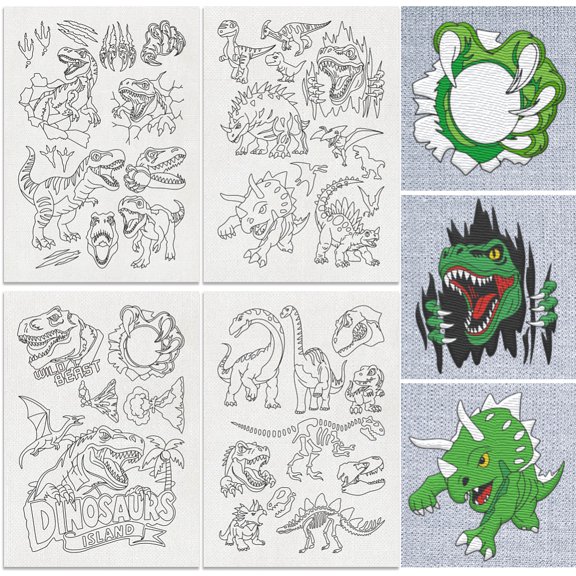 38Pcs Fierce Dinosaur Water Soluble Hand Sewing Stabilizers 8.3"x11.7" Dinosaur Scratch Embroidery Pattern Stabilizer 4 Sheets Animal Stick and Stitch Embroidery Paper Sticker