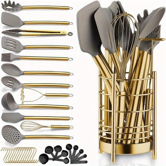 38Pcs Golden Stainless Steel Kitchenware Set with Food-Grade Silicone Tips, Cookware Safe Complete Cooking Utensil Kit, Safe & Reliable Kitchen Tools for All Daily Cooking Needs