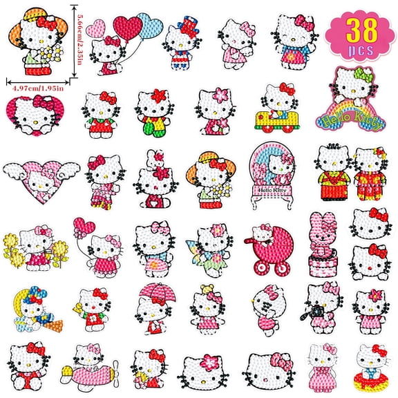 38Pcs Kitty Diamond Art Painting Sticker Kits for Kids-Cartoon Diamond Gem Stickers Kit,5D Gem Art Stickers Mosaic