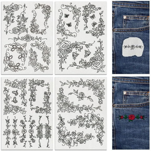 38Pcs Rose lace 4 Sheets Water Soluble Embroidery Pattern Stabilizers Stick and Stitch Embroidery Stickers Hand Sewing DIY Rose lace Embroidery Papers