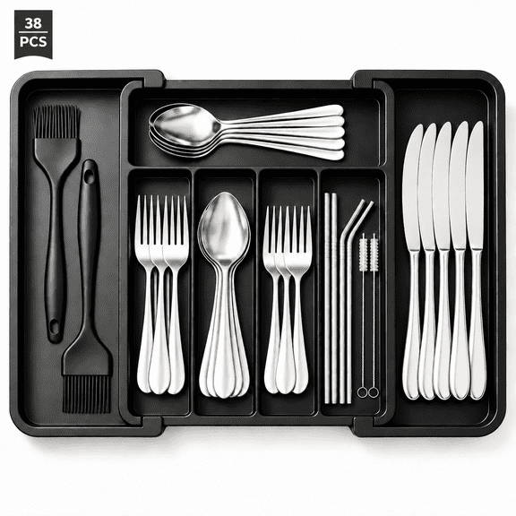 38Pcs Silverware Set with Flatware Drawer Organizer, Stainless Steel Cutlery Set for 5