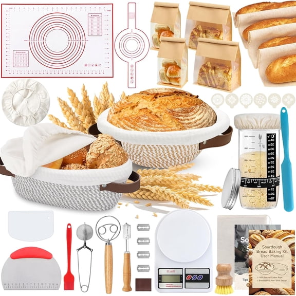 38Pcs Sourdough Bread Baking Supplies 11'' Oval & 10'' Round Cotton Rope Banneton Bread Proofing Baskets with Liners & Covers, Sourdough Starter Jar Kit, Scale, Bags & Bread Making Tools