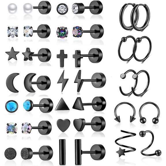 38Pcs Stainless Steel Earrings Set For Women Men 14K Gold Plated Small Flat Back Stud Earrings Hoop Earrings Women Men Hypoallergenic Cubic Zirconia Earrings Cartilage Earrings Rook Daith Tr[Z1496]