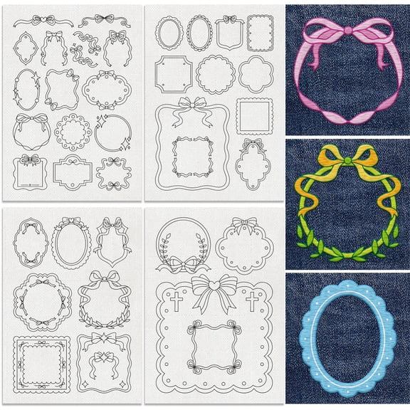 38Pcs Wreath Water Soluble Hand Sewing Stabilizers 8.3"x11.7" Circular Border Embroidery Pattern Stabilizer 4 Sheets Frame Stick