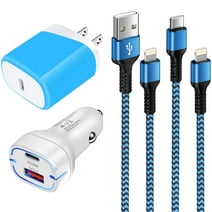 38W Car Charger Fast Charging, Dual Port Car Charger Adapter+20W PD USB-C Wall Charging Block+6FT Lightning Cable&10FT C to Lightning Charger Cable Compatible for iPhone 14/13/12/11Pro Max/XR(Blue)