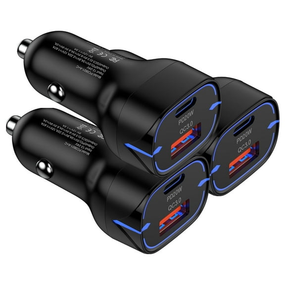 USB C Car Charger Adapter 3 Pack, 38W Dual Port Fast Car Phone Charger, PD 30W+QC 18W Universal Quick Charge for 12-24V Car Cigarette Lighter Socket Plug, Compatible for iPhone, Samsung Galaxy, Black