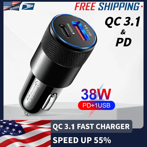 38W USB C Fast Car Charger from Rongsi,PD 20W + QC 3.1,18w Car Adapter 2 Port USB C Car Plug Compatible for Many Mobile Phone
