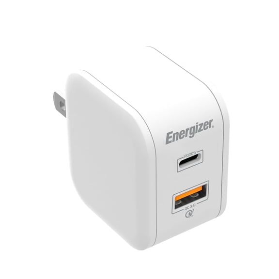 Energizer 38W Dual Port Fast Wall Charger, USB-C Power Delivery (20W) & USB-A QC3.0 (18W), Fast Charging Adapter for iPhone, Samsung, Android, White