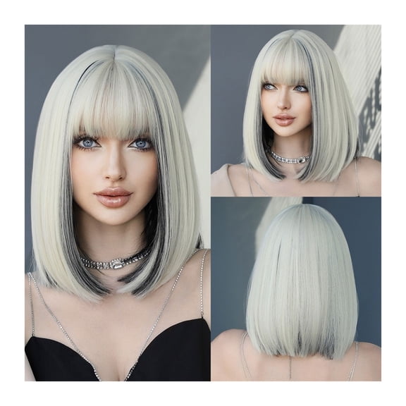 38cm/14.96inches Light Blonde Bob Wigs for Women Short Platinum Wig with Bangs Natural Fashion Synthetic Wig Daily Party Halloween Fake Hair