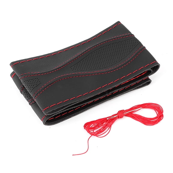 38cm/15in Leather Steering Wheel Wrap Cover Hand Stitching Embossing with Needle and Thread UniversalBlack Red