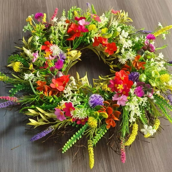 38cm Round Spring Wreath for Front Door, Pretty Cute Hanging Wreath Pendant, Simulation Dried Flower Wreath, Green Floral Wreath for All Seasons Farmhouse Outdoor Indoor