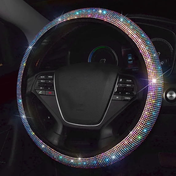 38cm Universal Car SUV Breathable Anti-Slip Bling Rhinestones Steering Wheel Cover for Women Girl with Crystal Diamond Sparkling, MULTI